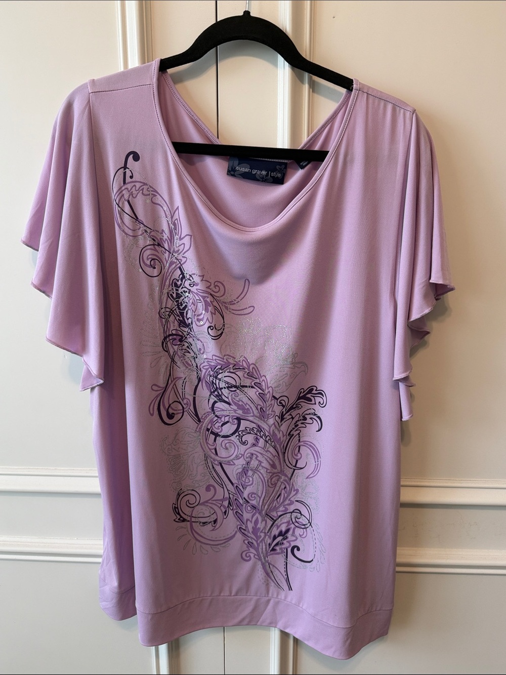 Susan Graver Lavender Flutter Sleeve Top with Swirl Graphic
